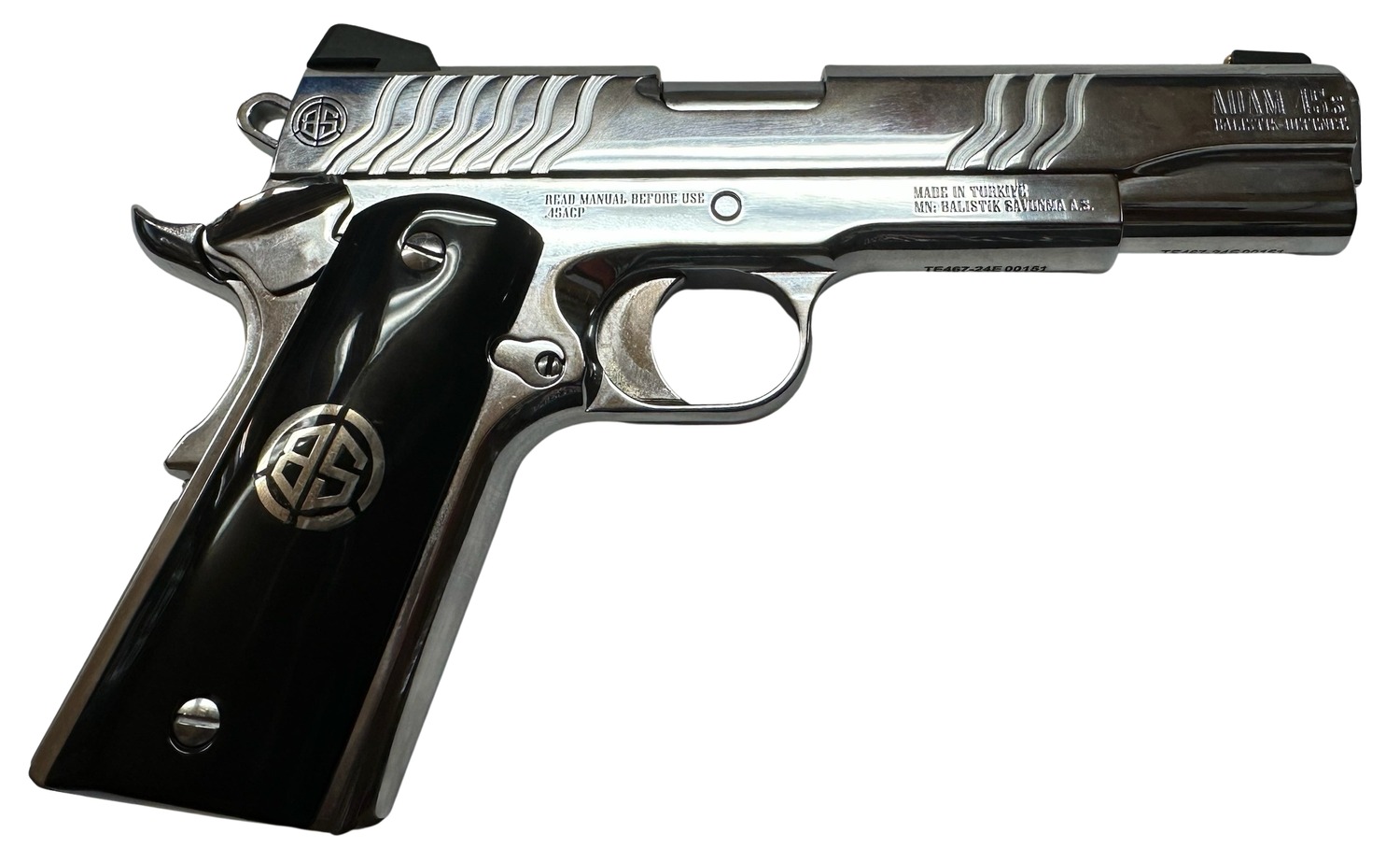 Dickinson LLC DCKSN45S 1911 Adam S Full Size Frame SAO 45 ACP 7+1 5" Stainless Button Rifled Barrel, Stainless Steel S Serrations Slide, Stainless Steel Frame, Wood Grip