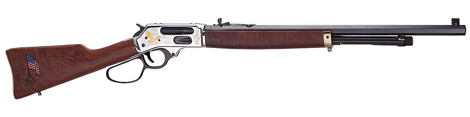 Henry H010BGMC Spirit Of The Corps 45-70 Gov 4+1 22" Black Octagon Barrel, Nickel Engraved w/24K Gold Inlay Brass Drilled & Tapped Receiver, American Walnut Straight Stock