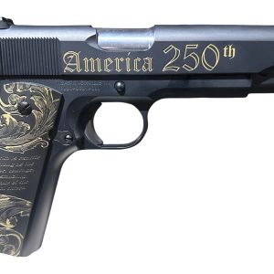 Tisas Arms 10100518US250 1911 America's 250th Full Size 45 ACP 7+1 5" Stainless Barrel, Black w/Gold Engraving Steel Serrated Slide, Black w/Gold Engraving Steel Frame w/Beavertail, Black w/Gold Accen