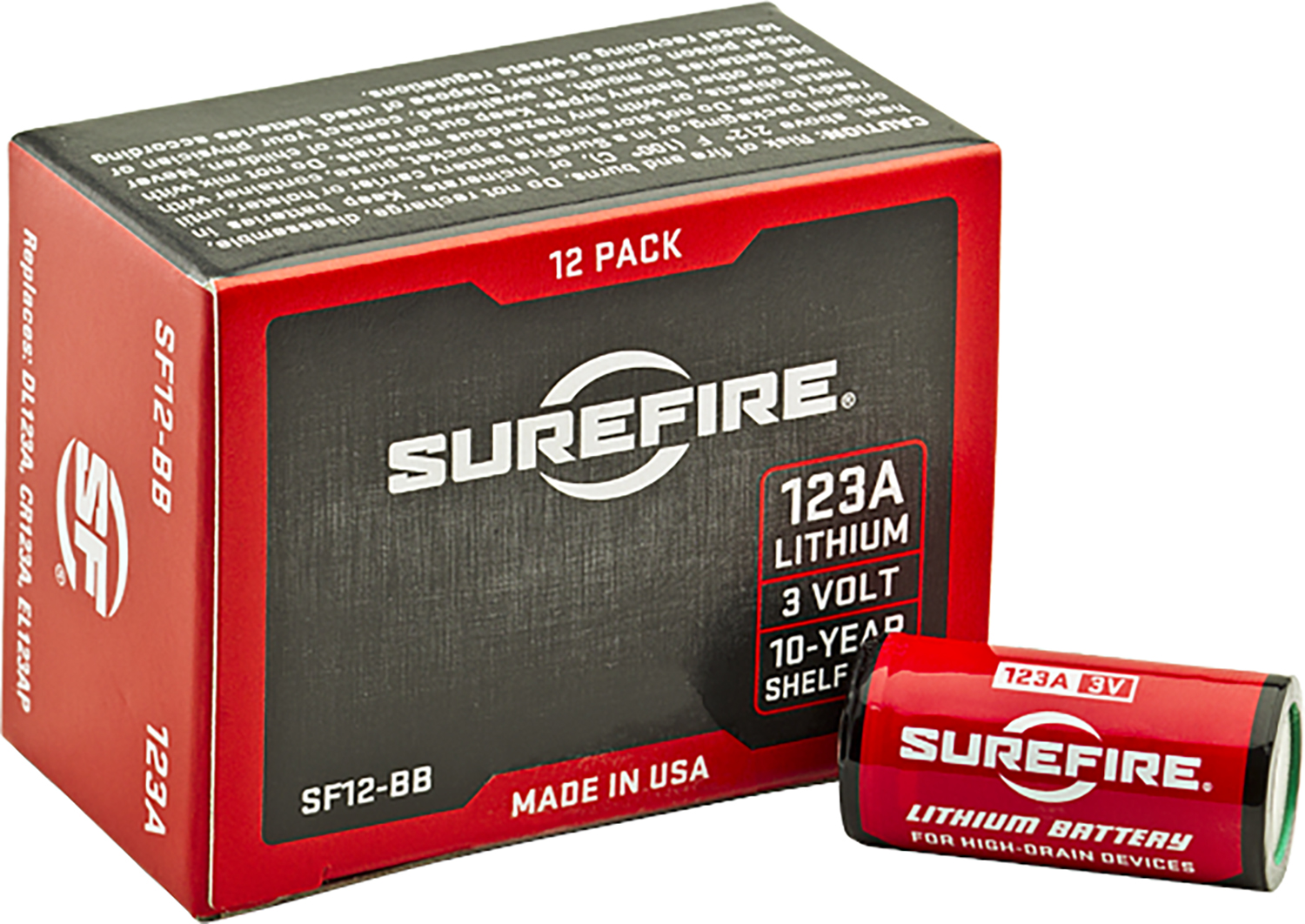 SureFire SF12BB 123A Batteries Red/Black 3.0 Volts 1,550 mAh (12) Single Package Boxed