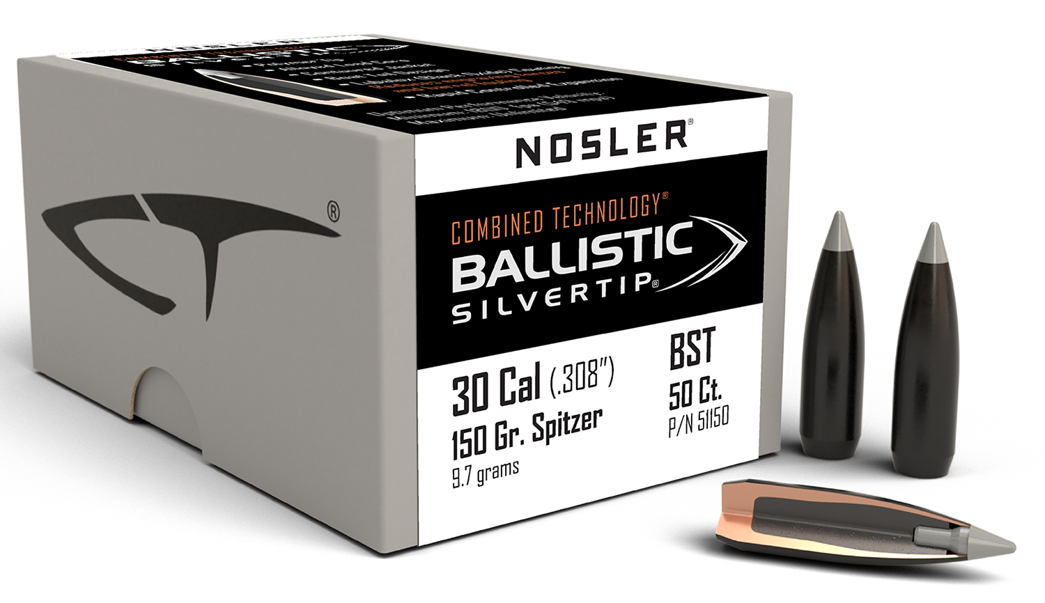 Nosler 51150 Ballistic Silvertip 30Cal 150gr Spitzer 50/Box